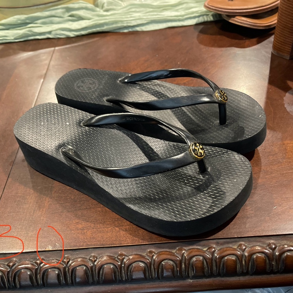 Tory Burch Black Wedge Flip Flops